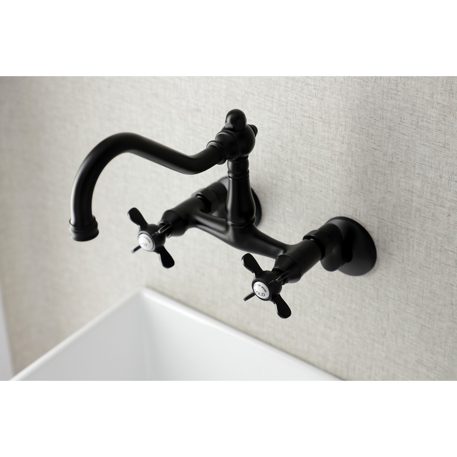 Kingston Heirloom KS3220BEX - Essex Two-Handle 2-Hole Wall Mount Bridge Kitchen Faucet, Matte Black — thumbnail 2